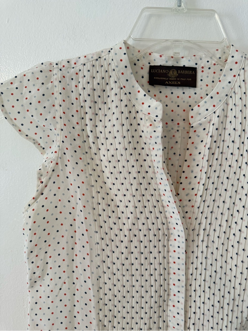 Luciano Barbera White Polka Dot Shell with Navy & Red Dots 100% Silk